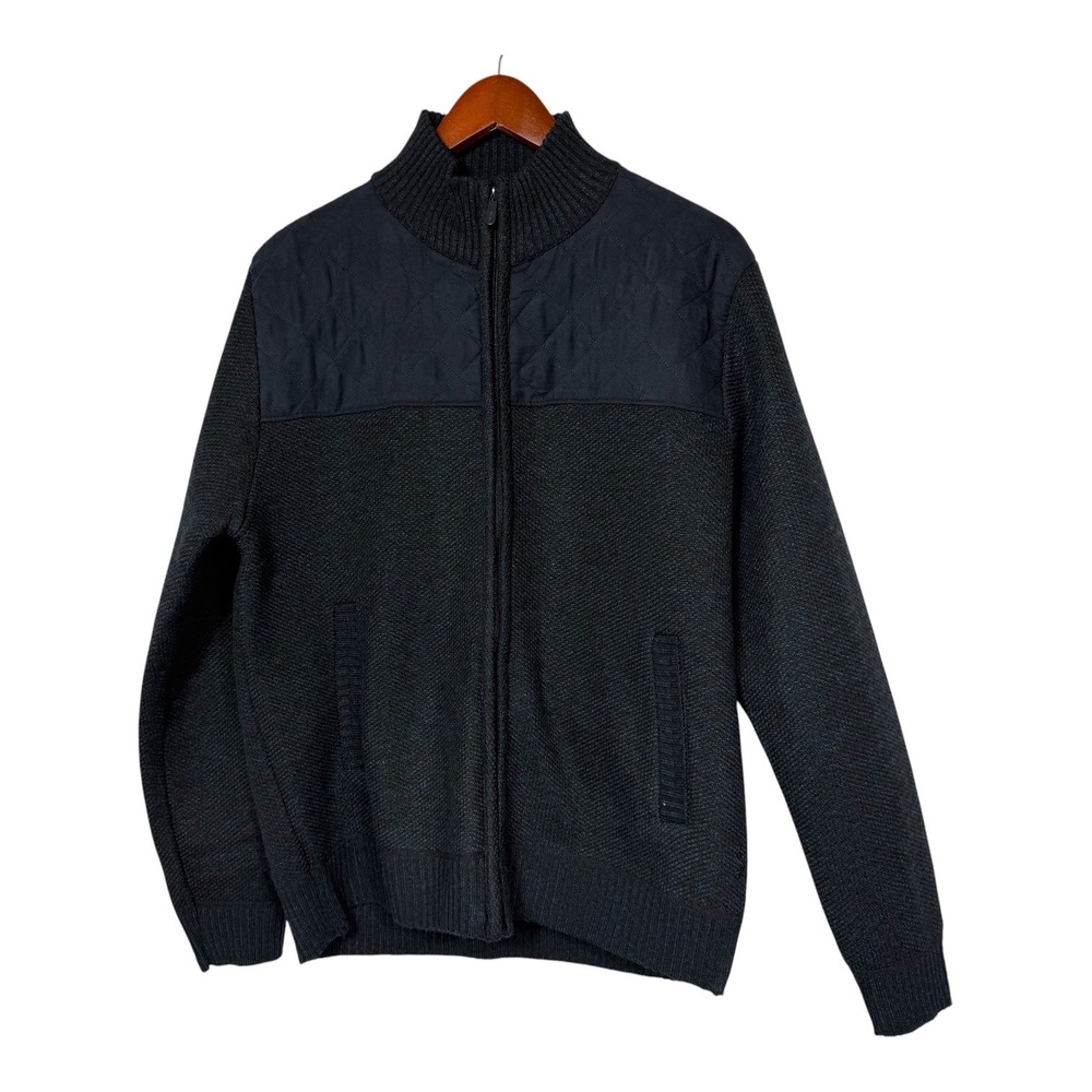 Scott James Mens XL Full Zip Sweater Jacket Quilted Yoke Plaid Fleece Lined Navy